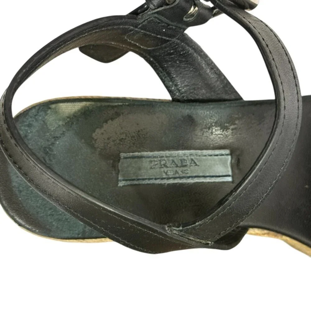Prada Platform Espadrille Sandals Black Leather Open Toe Size EU 36.5/ US 6.5 - Picture 14 of 16